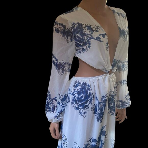 Giffniseti Floral Dress Boho Travel Cut Out Bishop Sleeve Ruffle Flounce Hem XL - Picture 10 of 15